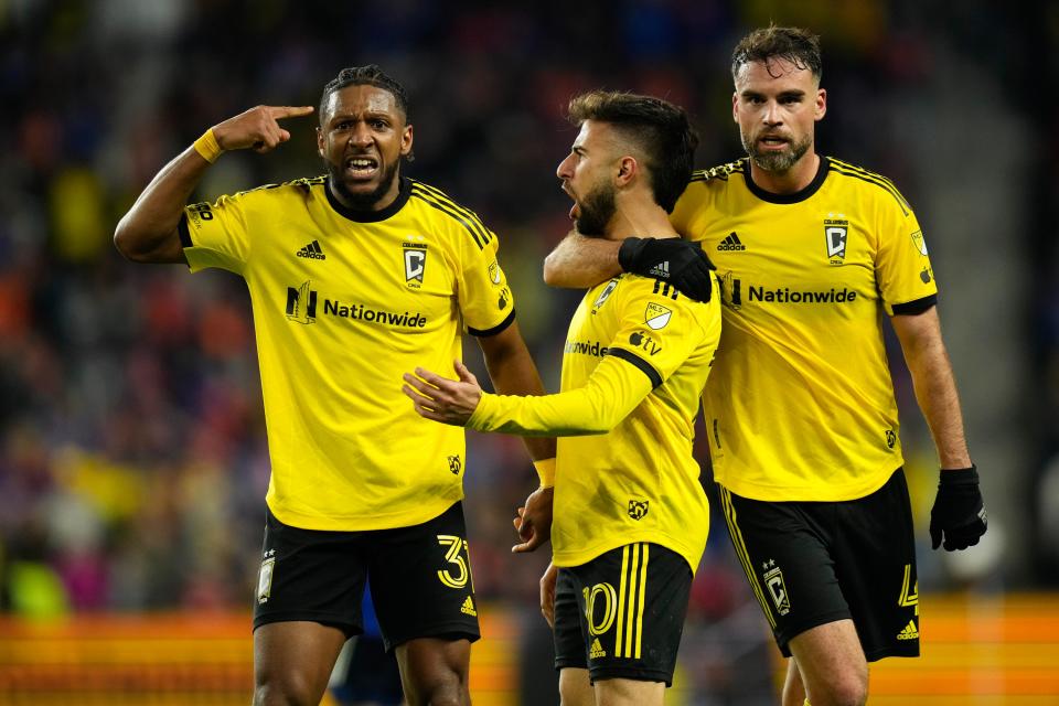 Crew players (from left) Steven Moreira, Diego Rossi and Rudy Camacho are three of the team's five representatives headed to the 2024 MLS All-Star Game.