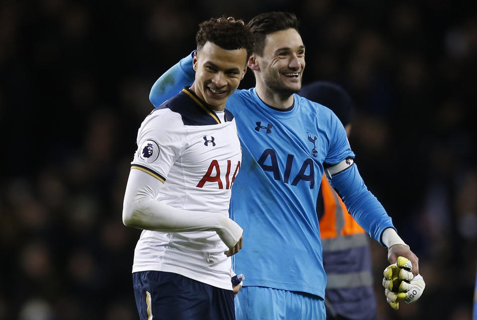 <p>Britain Football Soccer – Tottenham Hotspur v Chelsea – Premier League – White Hart Lane – 4/1/17 Tottenham’s Hugo Lloris and Dele Alli celebrate after the game Action Images via Reuters / Andrew Couldridge Livepic EDITORIAL USE ONLY. No use with unauthorized audio, video, data, fixture lists, club/league logos or “live” services. Online in-match use limited to 45 images, no video emulation. No use in betting, games or single club/league/player publications. Please contact your account representative for further details. </p>