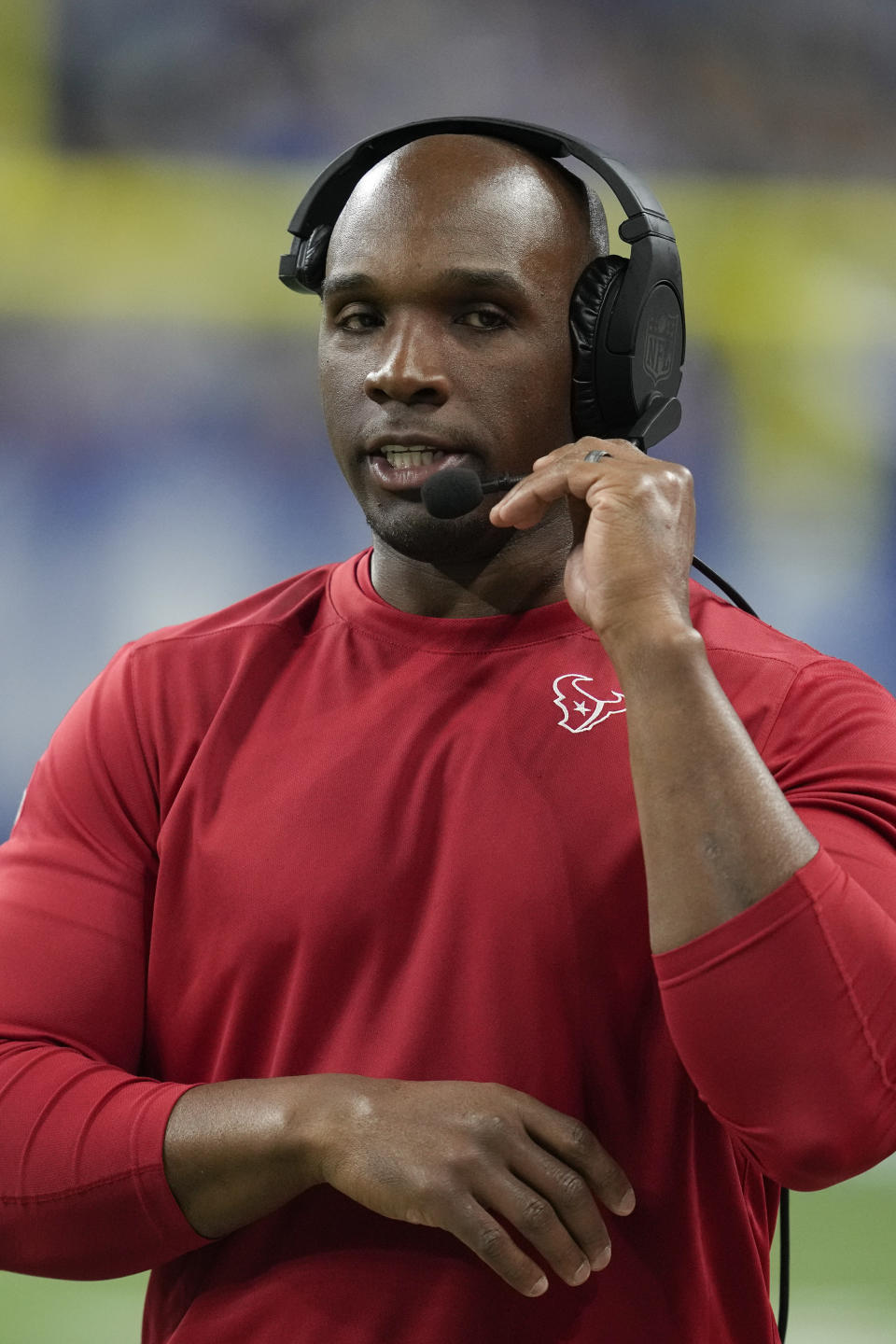 Houston Texans head coach DeMeco Ryans calls a play from the sideline during the second half of an NFL football game against the Indianapolis Colts, Saturday, Jan. 6, 2024, in Indianapolis. (AP Photo/Michael Conroy)