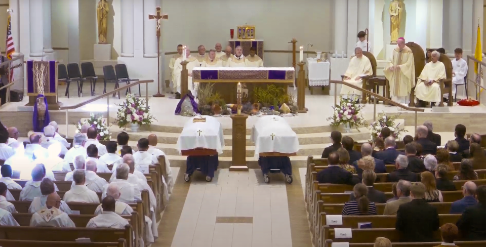 A screenshot of the livestream of the Mass for Father Bob Hoeffner and his sister, Sally Hoeffner. The service was held Tuesday at St. John the Evangelist Catholic Community Church in Viera. The siblings were killed by a gunman who knew the two, the weekend of Jan. 28.