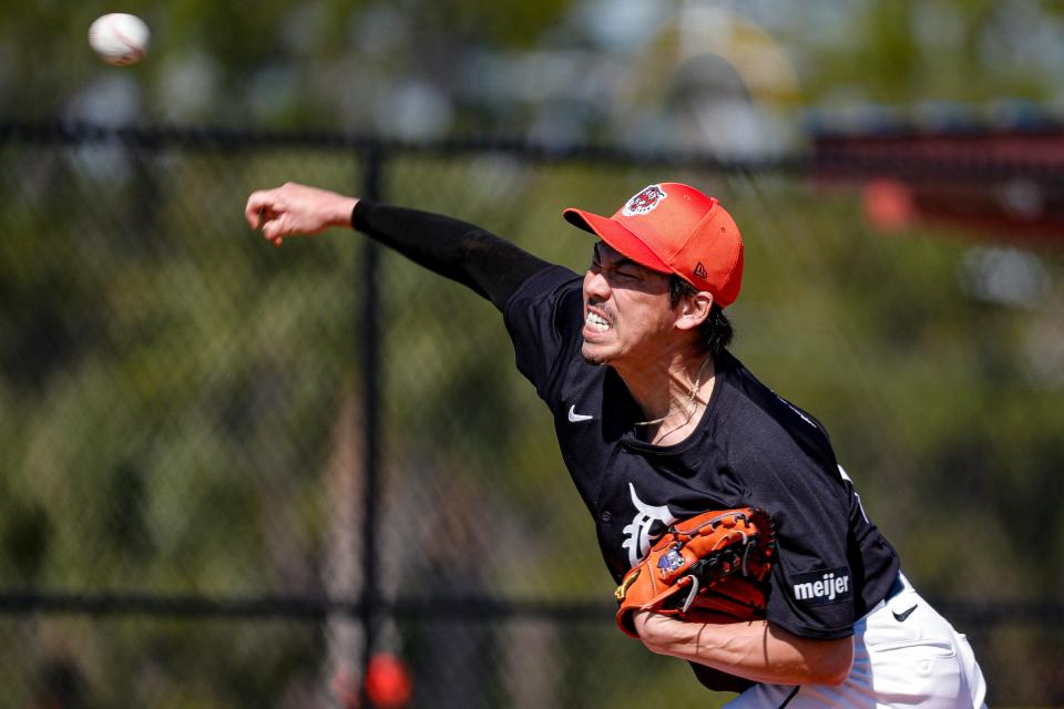 Detroit Tigers pitcher Kenta Maeda throws during spring training at TigerTown in Lakeland, Fla. on Wednesday, Feb. 21, 2024.