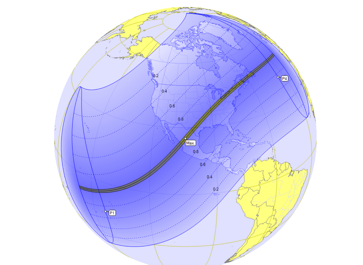 Darkening skies: the track of the total solar eclipse 2024 (HeavensAbove.com)