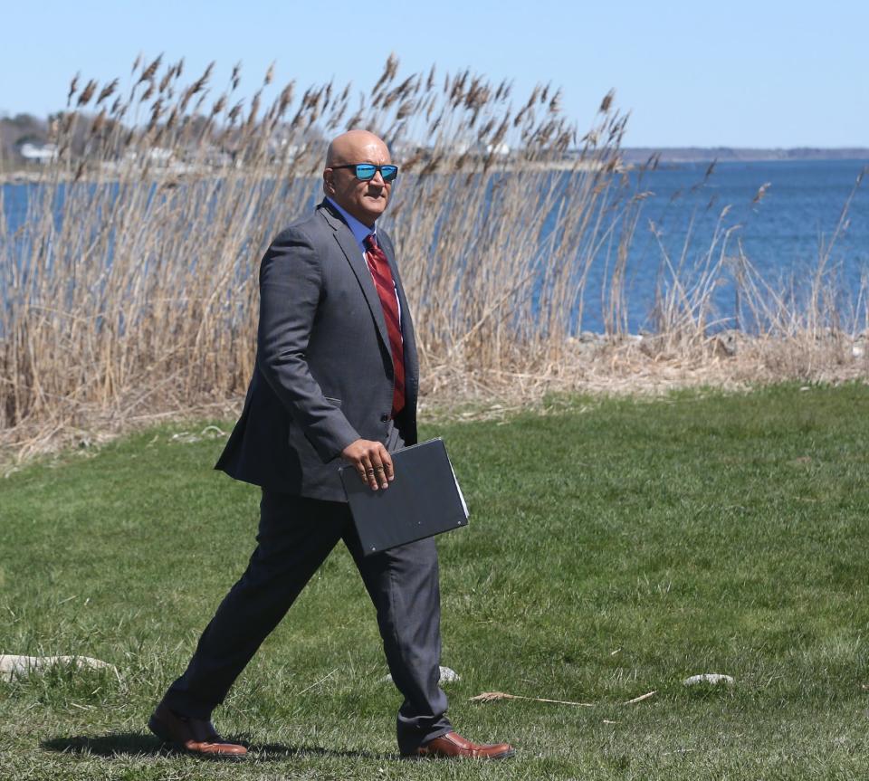 Shailen Bhatt, Federal Highway Administrator, arrives at Rye Harbor State Park where he announced a $20.2 million grant to shore up seawalls in Rye and North Hampton on April 22, 2024.