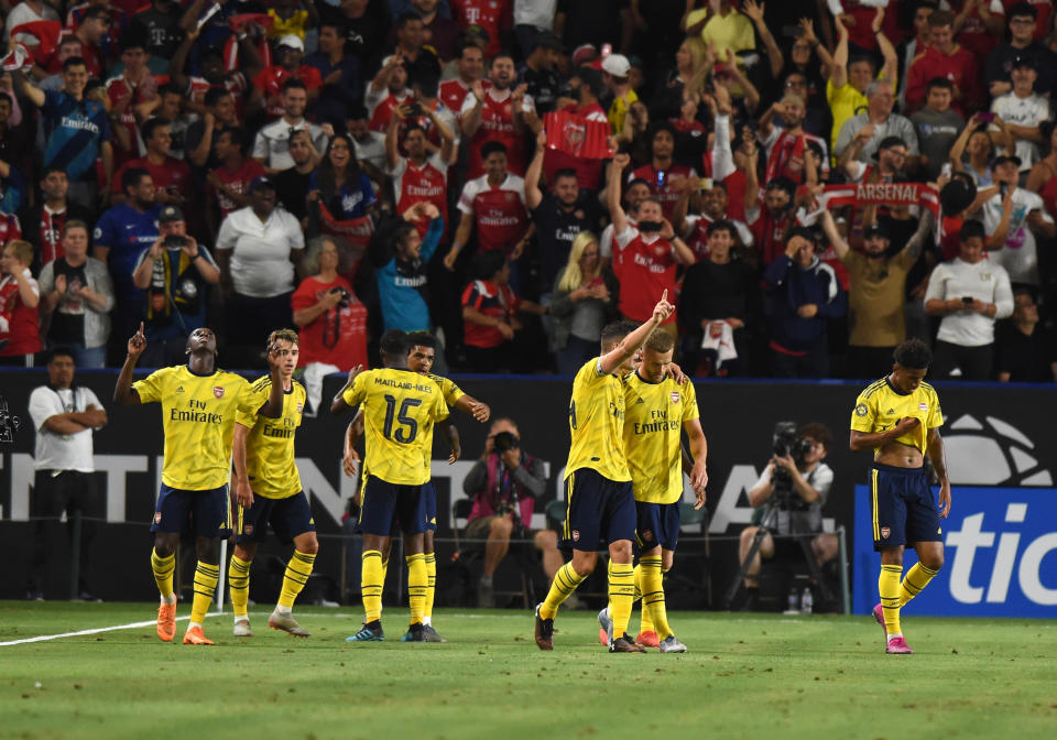 LOS ANGELES, CA - JULY 17: Arsenal celebrates after scoring the go ahead goal in the second half during the International Champions Cup soccer match between Arsenal and FC Bayern on July 17, 2019, at Dignity Health Sports Park in Los Angeles, CA. (Photo by Chris Williams/Icon Sportswire via Getty Images)