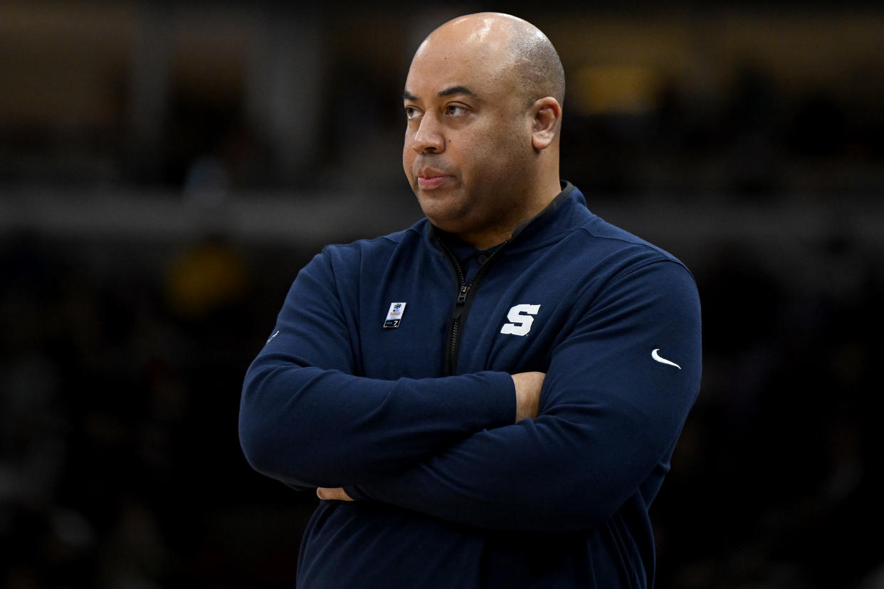CHICAGO, ILLINOIS - MARCH 12: Head coach Micah Shrewsberry of the Penn State Nittany Lions looks on against the Purdue Boilermakers during the second half in the Big Ten Basketball Tournament Championship game at United Center on March 12, 2023 in Chicago, Illinois. (Photo by Quinn Harris/Getty Images)