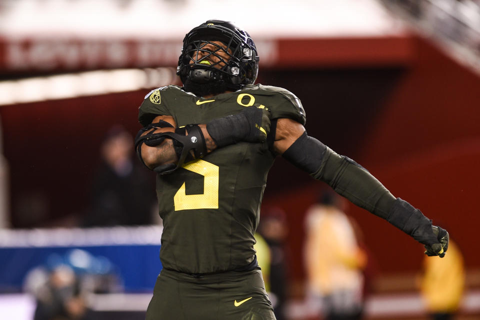 Oregon's Kayvon Thibodeaux has been dominant in two Pac-12 title games the past two seasons. (Photo by Cody Glenn/Icon Sportswire via Getty Images)