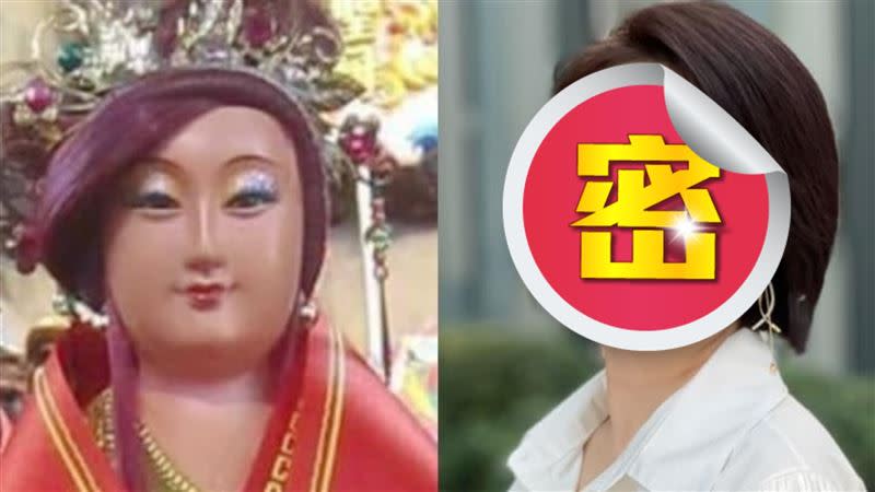 美女主播李美萱在臉書搭上媽祖風潮，秀出一張和媽祖撞臉的對比照。（圖／翻攝自李美萱臉書）