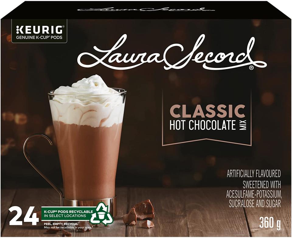 Laura Secord Hot Chocolate Mix K-Cup Coffee Pods, 24 Count. Image via Amazon.