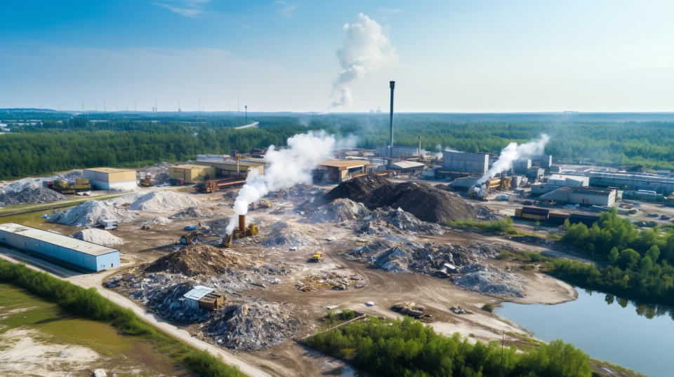 Aerial shot of a recycling plant and its surrounding environment, highlighting the company's commitment to environmental sustainability.