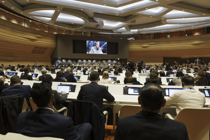 The Prime Minister of Pakistan Shehbaz Sharif is seen on a video screen as he delivers a speech during the International Conference on Climate-Resilient Pakistan, at the European headquarters of the United Nation in Geneva, Switzerland, Monday, Jan. 9, 2023. (Salvatore Di Nolfi/Keystone via AP)