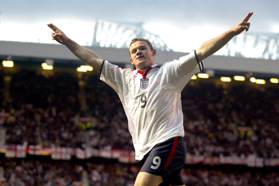 <p>Wayne Rooney scores against Denmark in November 2003 </p>