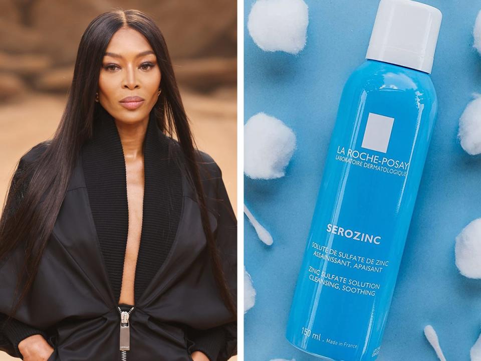 Naomi Campbell on a runway on left; La Roche Posay face mist on right