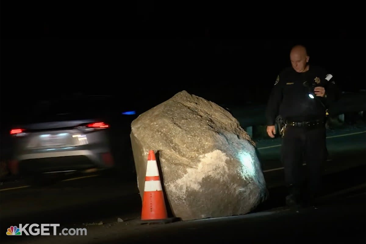 Boulder on I-5 just south of Grapevine Road near Bakersfield (KGET/NBC)