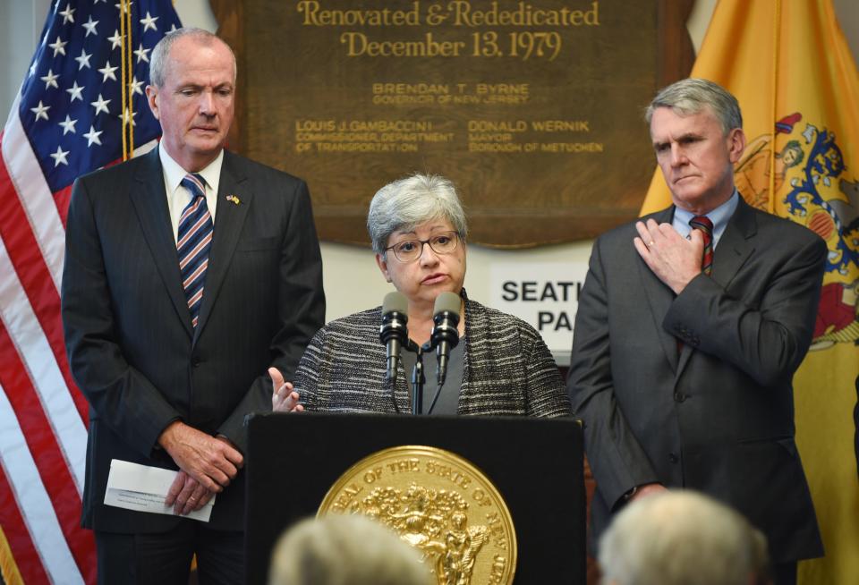 Diane Gutierrez-Scaccetti, the Commissioner of the New Jersey Department of Transportation (NJDOT), speaks during a press conference at the NJ Transit train station in Metuchen on 10/09/18. 