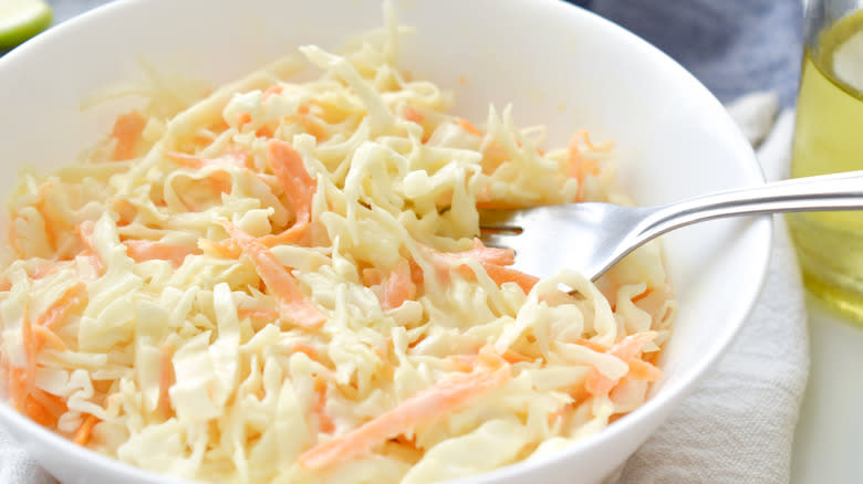 Coleslaw in white bowl