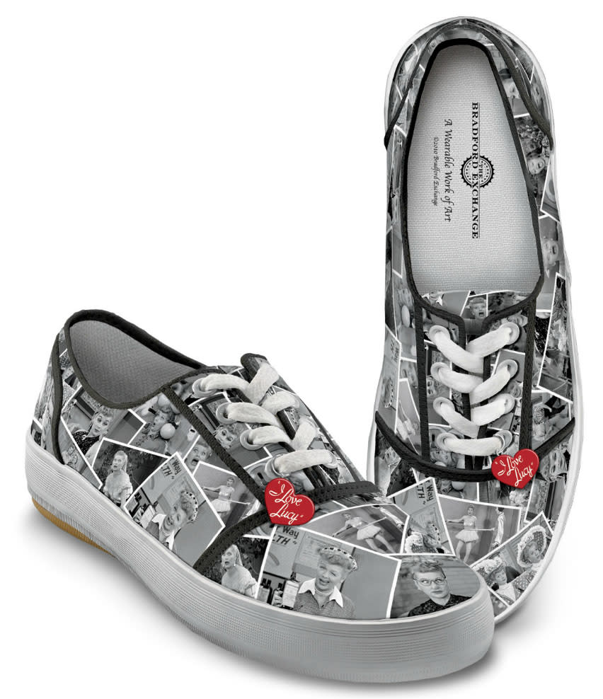 <b>FASHION<br><br>"I Love Lucy" Sneakers<br></b>These canvas sneaks are adorned with black-and-white images of the most memorable "Lucy" scenes, along with little red heart charms with the show's logo on them. In other words, these were made to end up under your Aunt Niecy's Christmas tree.<br><br><a href="http://www.bradfordexchange.com/products/113168001_i-love-lucy-womens-shoes.html" rel="nofollow noopener" target="_blank" data-ylk="slk:BradfordExchange.com;elm:context_link;itc:0;sec:content-canvas" class="link ">BradfordExchange.com</a>, $59.95