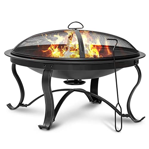 SINGLYFIRE 29 inch Fire Pits for Outside Firepit Outdoor Wood Burning Bonfire Pit Steel Firepit Bowl for Patio Backyard Camping,with Ash Plate,Spark Screen,Log Grate,Poker