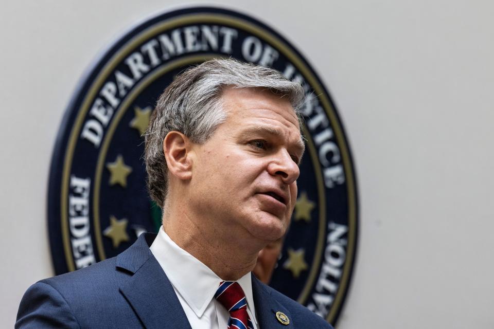 FBI Director Christopher Wray speaks to journalists at the Omaha FBI office on Wednesday. Wray addressed threats made to law enforcement after agents raided Mar-a-Lago residence. (Chris Machian/Omaha World-Herald via AP)