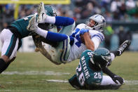 <p>Tight end James Hanna #84 of the Dallas Cowboys is tackled by cornerback Rasul Douglas #32 and cornerback Jaylen Watkins #26 of the Philadelphia Eagles during the second half of the game at Lincoln Financial Field on December 31, 2017 in Philadelphia, Pennsylvania. (Photo by Elsa/Getty Images) </p>