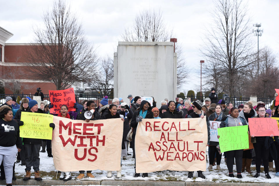 Students, educators and faith leaders hold a rally in front of Smith &amp; Wesson world headquarters in Springfield, Massachusetts, on March 14, 2018. (Photo: Faith Ninivaggi / Reuters)