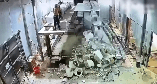 日前兩名工人搬運馬桶時，貨架卻突解體，一百多顆馬桶瞬間碎滿地。（翻攝自微博）