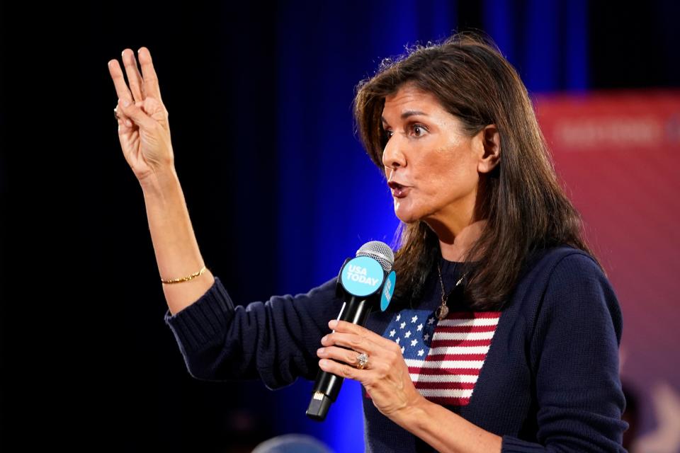 Republican presidential candidate Nikki Haley speaks during the Seacoast Media Group and USA TODAY Network 2024 Republican Presidential Candidate Town Hall Forum held in the historic Exeter Town Hall in Exeter, New Hampshire. The former Governor of South Carolina and former United States Ambassador to the United Nations spoke to prospective New Hampshire voters about issues during the hour-long form.