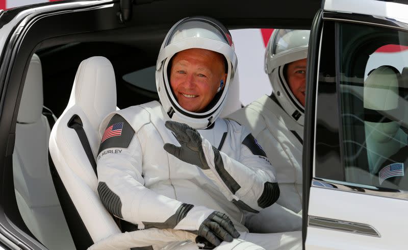 NASA astronauts Douglas Hurley and Robert Behnken head to launch pad 39 to board a SpaceX Falcon 9 rocket for a second launch attempt on NASA?s SpaceX Demo-2 mission to the International Space Station from NASA?s Kennedy Space Center in Cape Canaveral