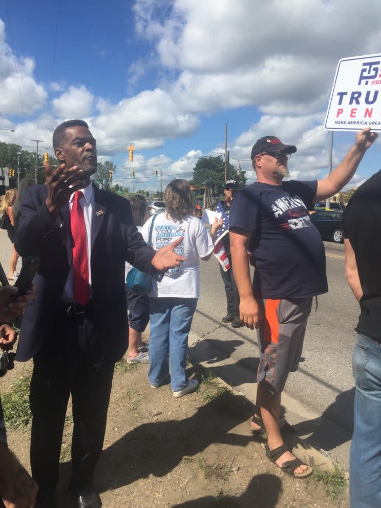 Flint City Councilman Eric Mays joins a demonstration against Donald Trump ahead of his visit to the Flint Water Treatment Plant (Photo: Jeremy Drummond/Yahoo News)