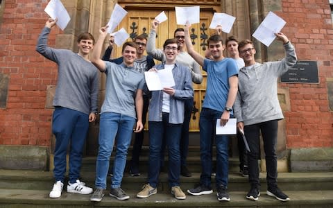 Pupils at Merchant Taylors' Boys' School in Crosby, Merseyside, celebrate their A-Level results last week