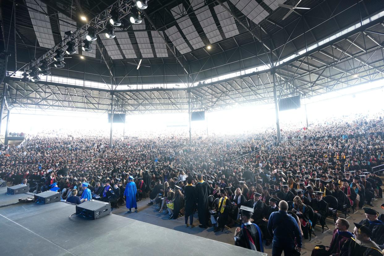 A packed American Family Insurance Amphitheater is seen before NBA star and Marquette University alumnus, Dwyane Wade, speaks during the Marquette University undergraduate commencement ceremonies in Milwaukee in May 2022.