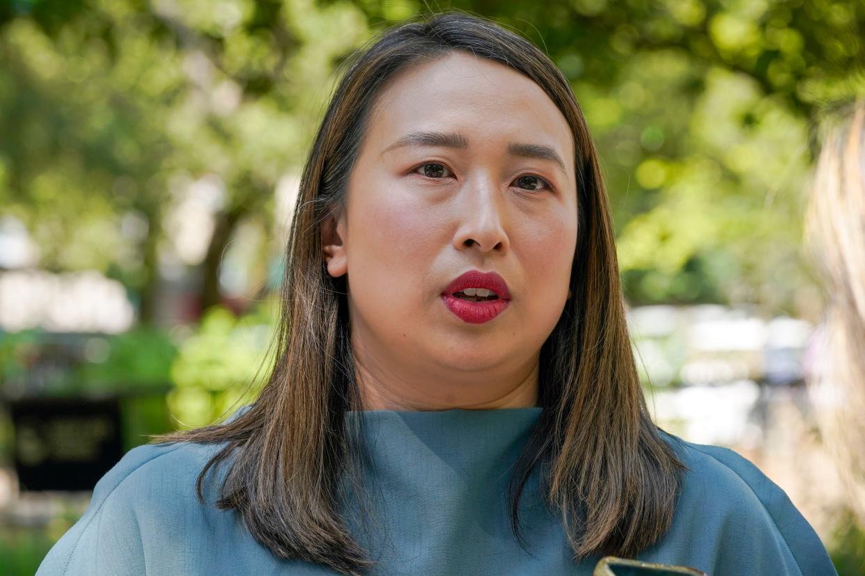 Assemblywoman Yuh-Line Niou attends a joint news conference with Rep. Mondaire Jones to speak out against Dan Goldman's candidacy on Monday in New York. (AP Photo/Mary Altaffer)