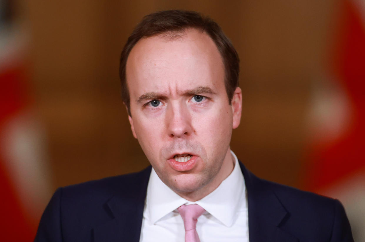 Health Secretary Matt Hancock during a media briefing on coronavirus (COVID-19) in Downing Street, London. Picture date: Monday January 18, 2021.