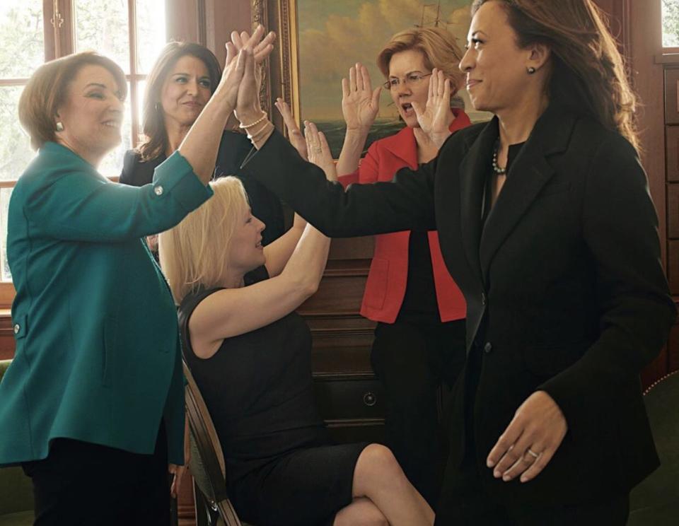 Las legisladoras estadounidenses Amy Klobuchar, Tulsi Gabbard, Kirsten Gillibrand, Elizabeth Warren y Kamala Harris, precandidatas presidenciales demócratas, en una foto de 2029 tomada por Anne Leibovitz para la revista Vogue. (Twitter)