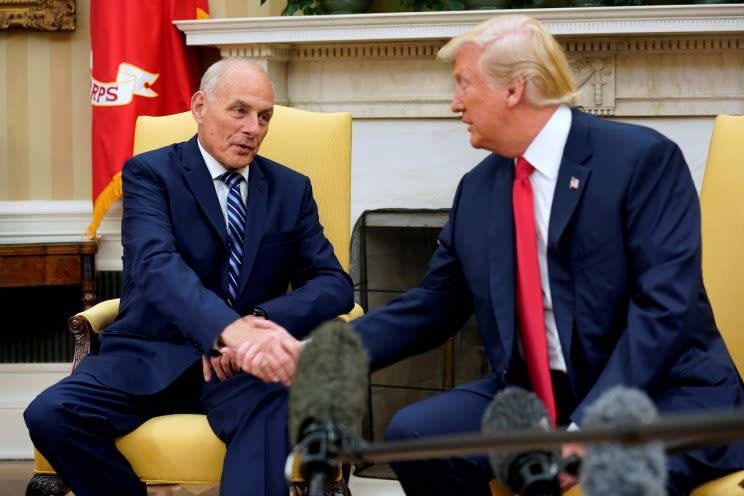 President Trump shakes hands with John Kelly after he was sworn in as White House chief of staff in the Oval Office of the White House in Washington, D.C., on July 31, 2017. (Photo: Reuters/Joshua Roberts)