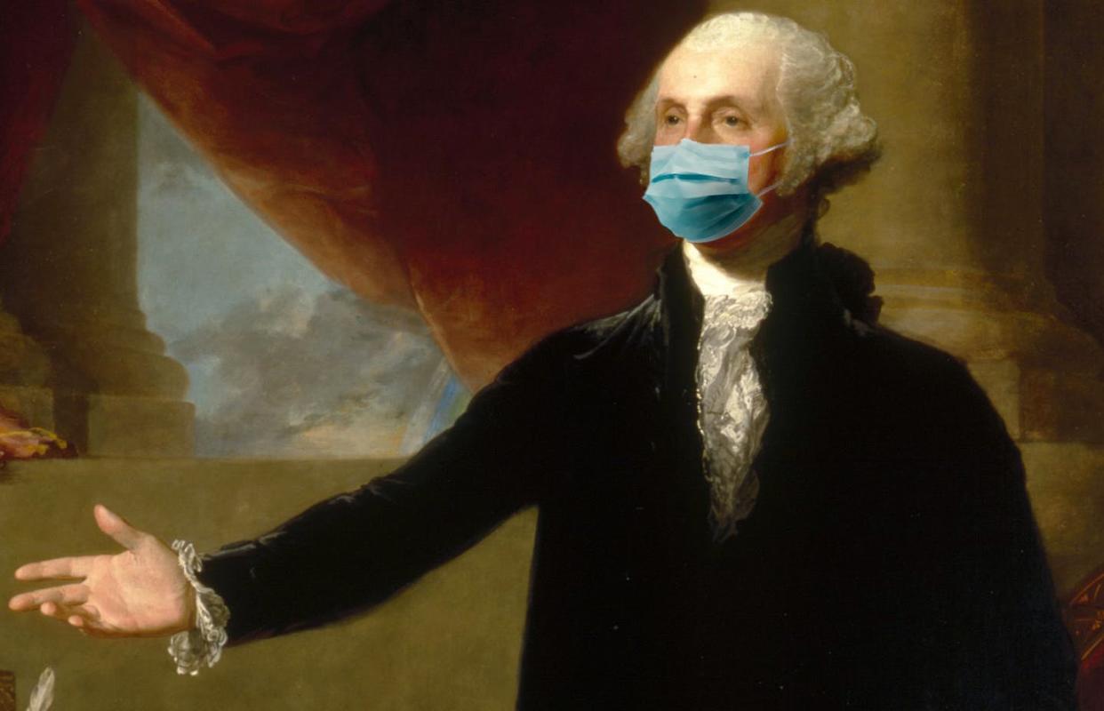 <span class="caption">George Washington would have thought wearing a mask was manly.</span> <span class="attribution"><a class="link " href="https://npg.si.edu/object/npg_NPG.2001.13?destination=node/63231%3Fedan_q%3DGilbert%2520Stuart%2520George%2520Washington" rel="nofollow noopener" target="_blank" data-ylk="slk:National Portrait Gallery, Gilbert Stuart portrait/A. Papolu, illustration;elm:context_link;itc:0;sec:content-canvas">National Portrait Gallery, Gilbert Stuart portrait/A. Papolu, illustration</a></span>