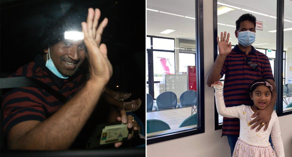 Father Nades and Kopika of the Biloela family boarding a plane bound for Perth on Tuesday. Source: AAP