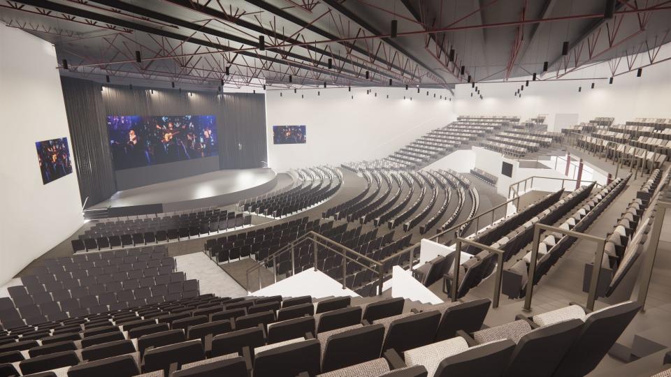 An artist's rendering shows plans for the 1,700-seat auditorium that Grace City Church plans to build on a 50-acre property north of Highland City. Grace City leaders hope to break ground in the fall on the first phase of the new campus.