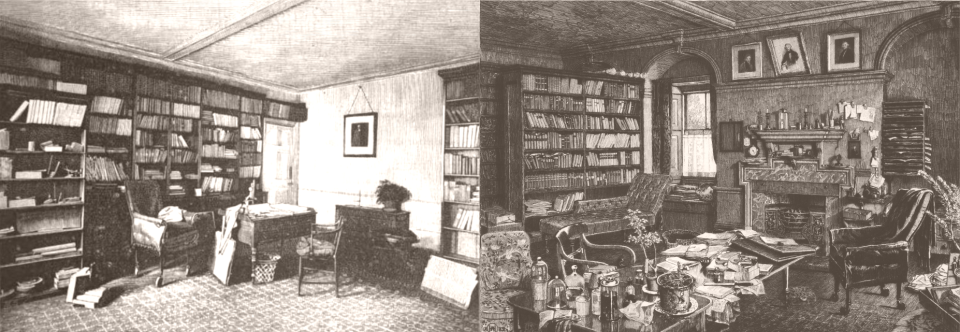 Two historic images, a photograph (left) and an etching (right), are here combined to show the bookcases in his study