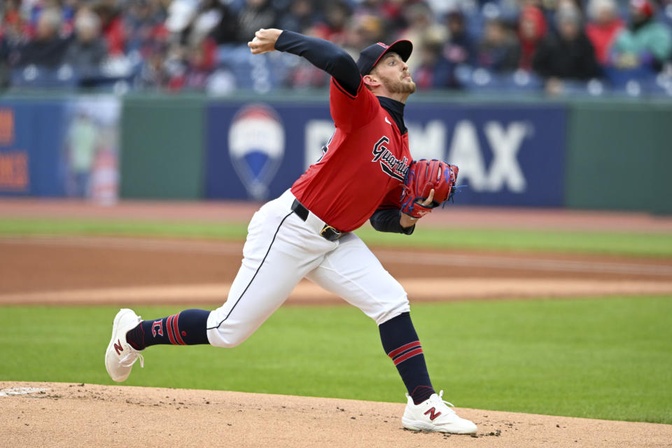 Cleveland Guardians starting pitcher Tanner Bibee delivers during the first inning of a baseball game against the Oakland Athletics, Sunday, April 21, 2024, in Cleveland. (AP Photo/Nick Cammett)