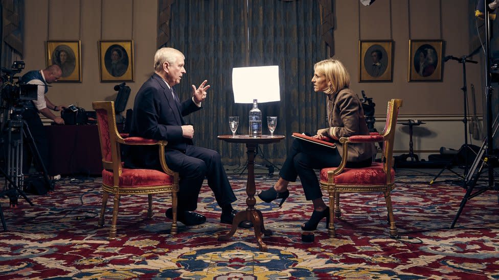 BBC photo showing the Duke of York (Prince Andrew), speaking for the first time about his links to Jeffrey Epstein in an interview with BBC Newsnight"s Emily Maitlis.