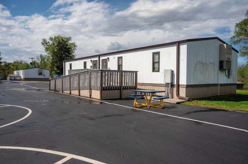 Four mobile classrooms are seen at Eugene Ware Elementary School on Tuesday, April 16, 2024, in Kansas City, Kansas.