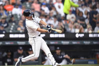 Detroit Tigers' Jake Rogers singles against the Kansas City Royals during the fourth inning of a baseball game Saturday, April 27, 2024, in Detroit. (AP Photo/Jose Juarez)