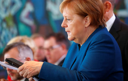 German Chancellor Angela Merkel arrives for the weekly cabinet meeting at the Chancellery in Berlin, Germany, October 24, 2018. REUTERS/Hannibal Hanschke