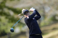 Charley Hull of England watches her shot on the second hole during the final round of the BMW Ladies Championship at LPGA International Busan in Busan, South Korea, Sunday, Oct. 24, 2021. (AP Photo/Lee Jin-man)