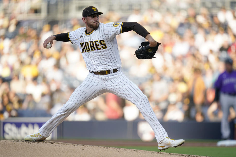 San Diego Padres starting pitcher Joe Musgrove works against a Colorado Rockies batter during the first inning of a baseball game Friday, June 10, 2022, in San Diego. (AP Photo/Gregory Bull)