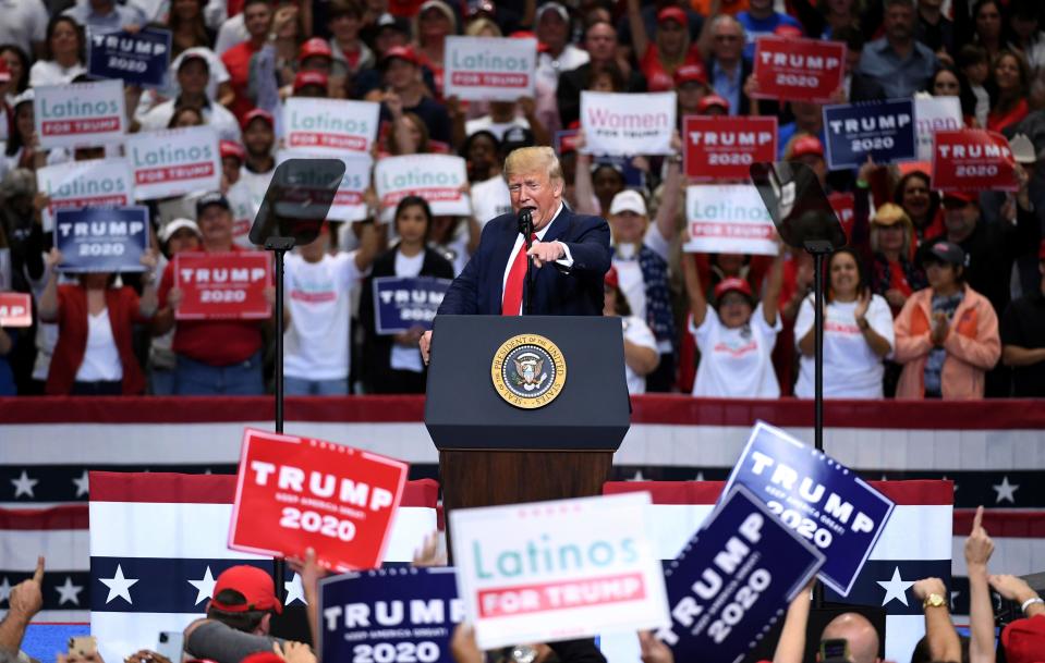 President Donald Trump speaks during a campaign rally, Thursday, Oct. 17, 2019, at the American Airlines Center in Dallas.