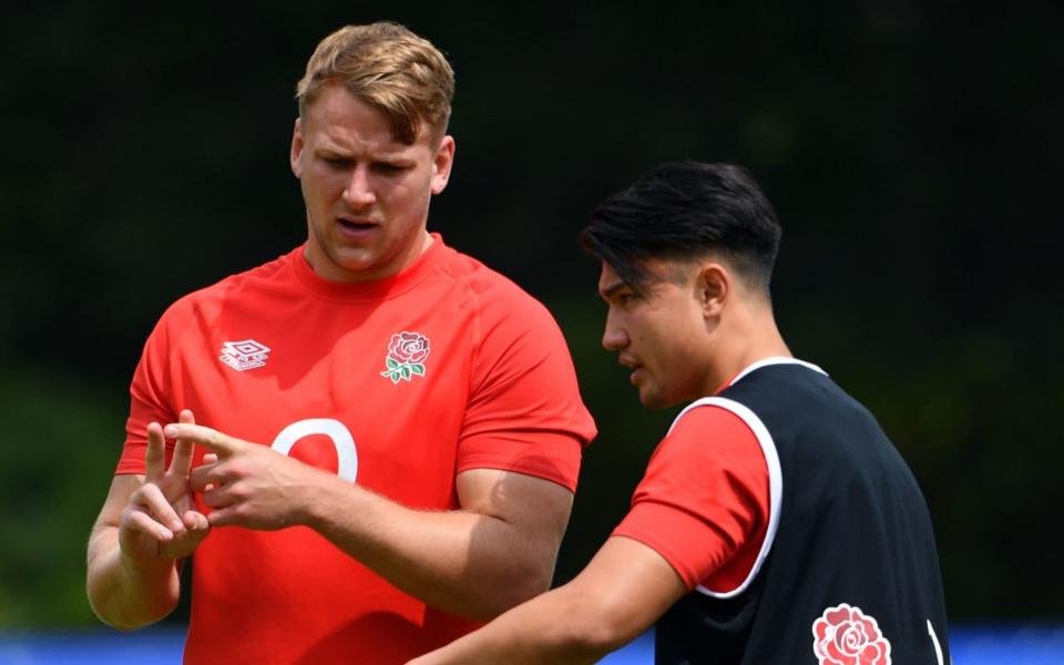 England's Alex Dombrandt with Marcus Smith during a training session at Pennyhill Park, Bagshot - PA