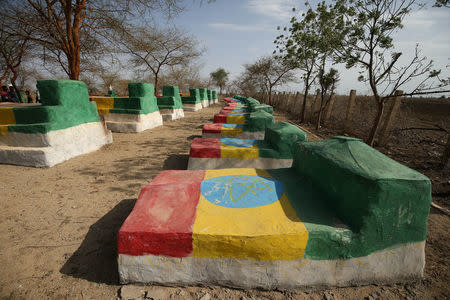 A picture shows a grave yard of Ethiopian martyrs killed during Ethiopia-Eritrea war fought between 1998 to 2000 in Badme, territorial dispute town between Eritrea and Ethiopia currently occupied by Ethiopia, June 8, 2018. Picture taken June 8, 2018. REUTERS/Tiksa Negeri