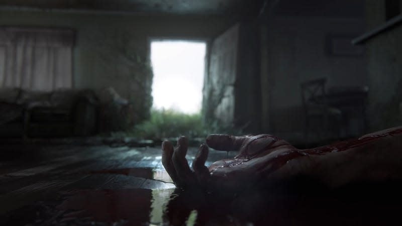 A bloody hand lays before an open door in a trailer for The Last of Us: Part II.