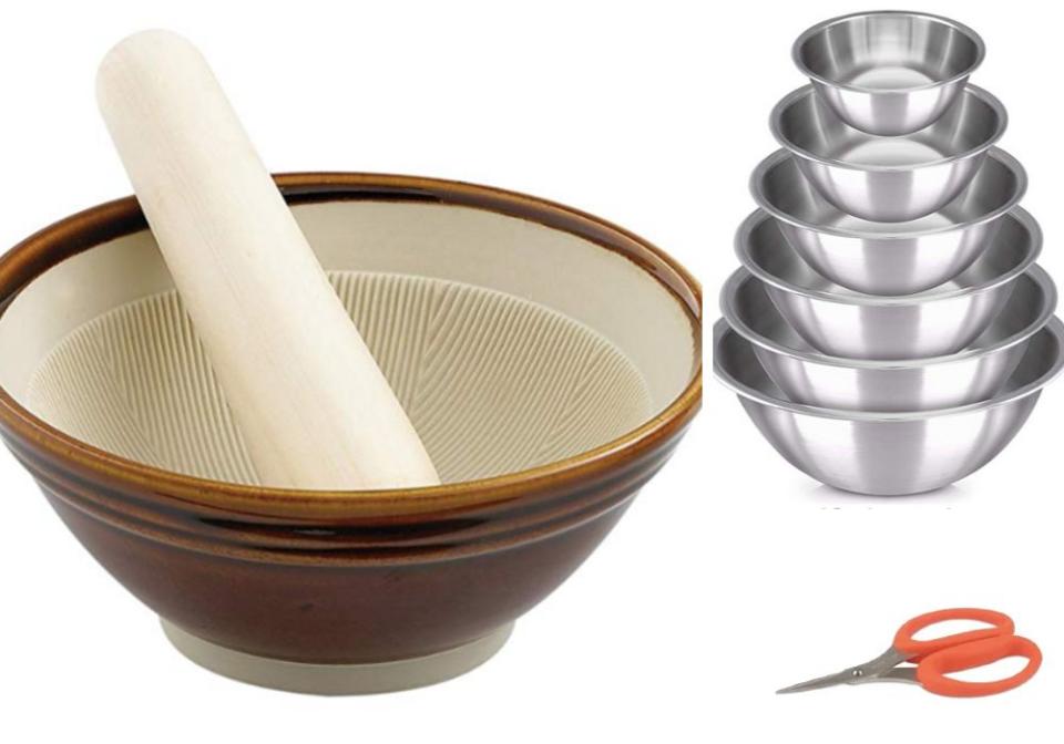 From left, clockwise: Mortar and pestle, set of mixing bowls, kitchen shears. (Photo: HuffPost)